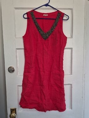 Lina Tomei Red 100% Italian Linen Beaded Shift Dress with Pockets Small